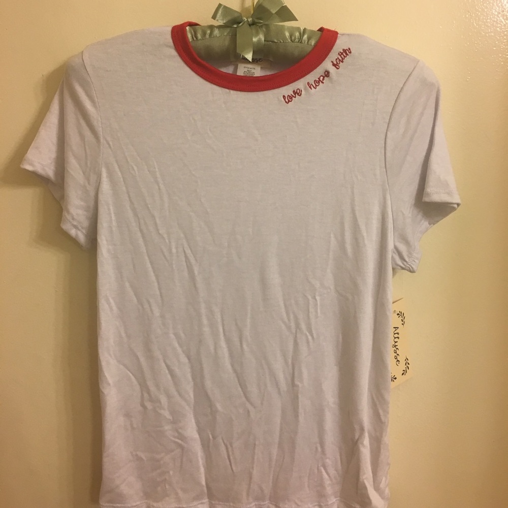 Allyse Embroidered “Love, Hope, Faith” tee.